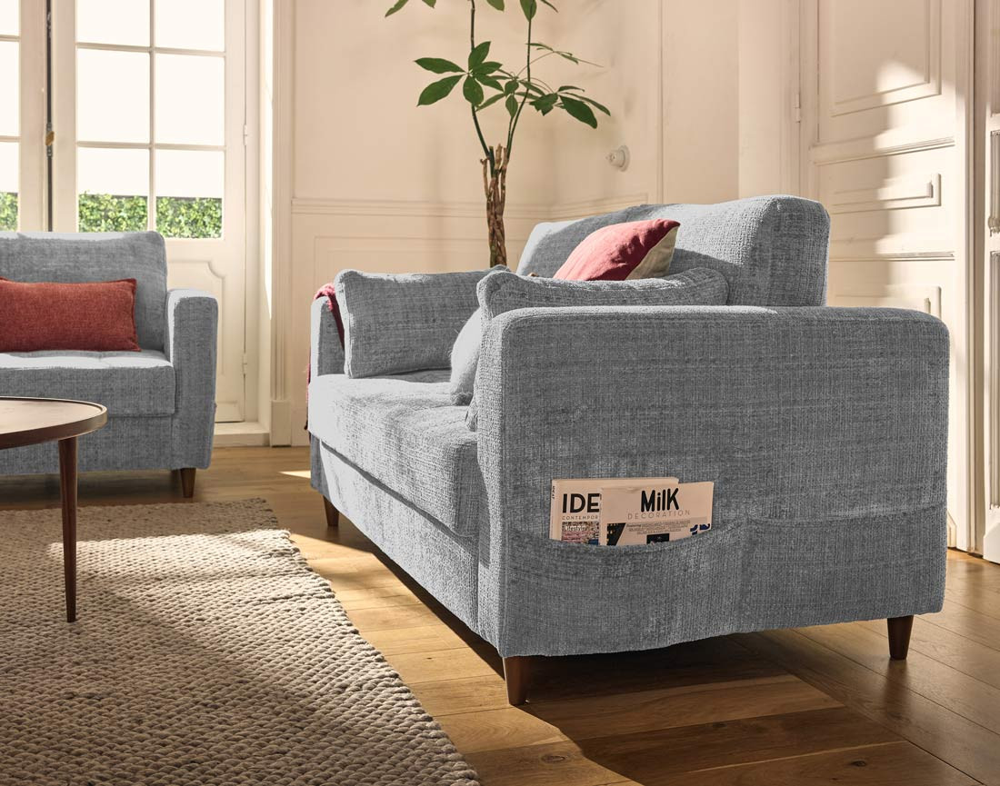 Canapé droit 2 places avec poche en velours texturé Anna