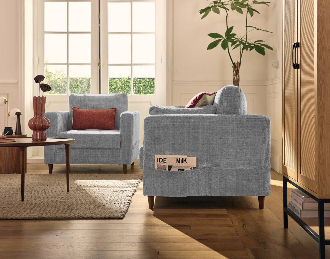 Canapé droit 2 places avec poche en velours texturé Anna