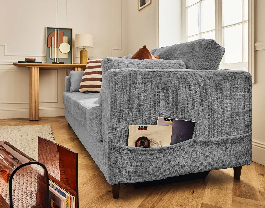 Canapé droit 3 places convertible avec poche en velours texturé Anna