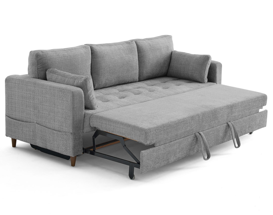 Canapé droit 3 places convertible avec poche en velours texturé Anna