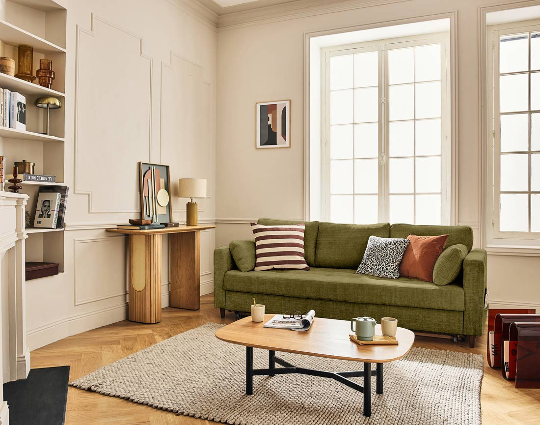 Canapé droit 3 places convertible avec poche en velours texturé Anna