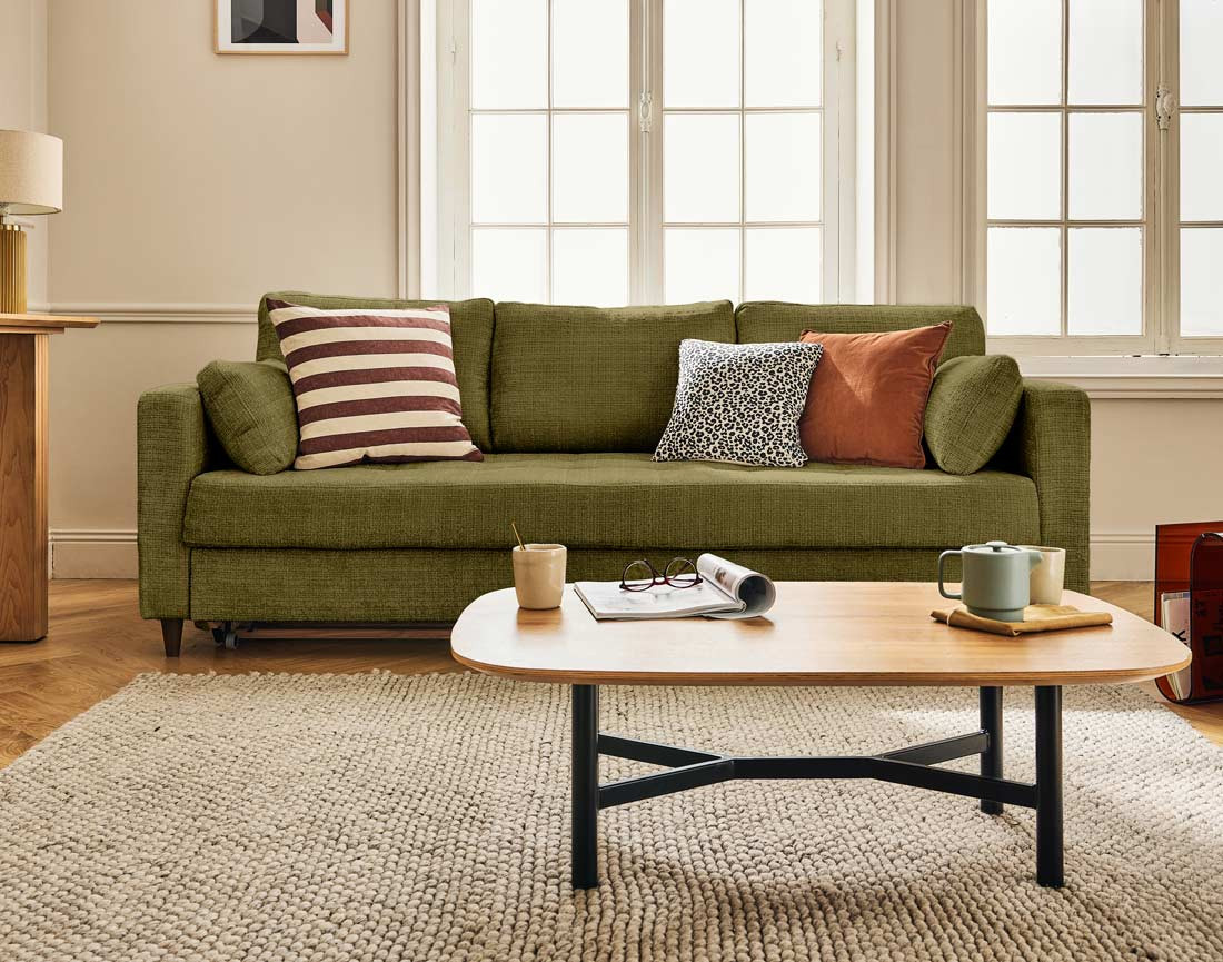 Canapé droit 3 places convertible avec poche en velours texturé Anna