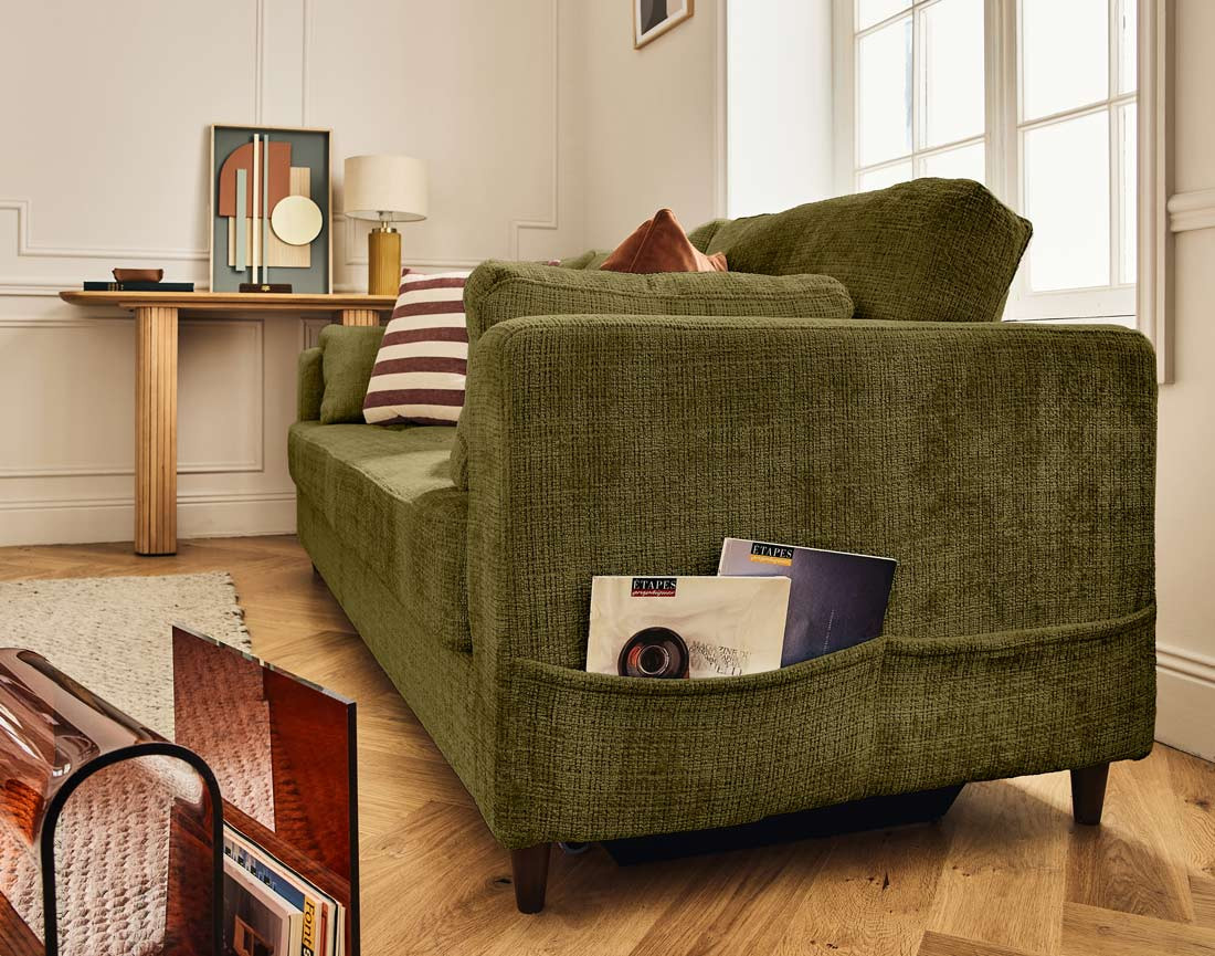 Canapé droit 3 places convertible avec poche en velours texturé Anna