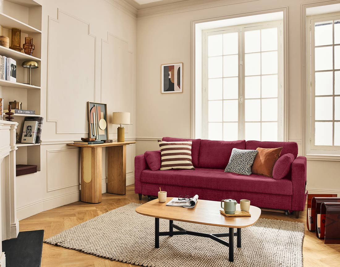 Canapé droit 3 places convertible avec poche en velours texturé Anna