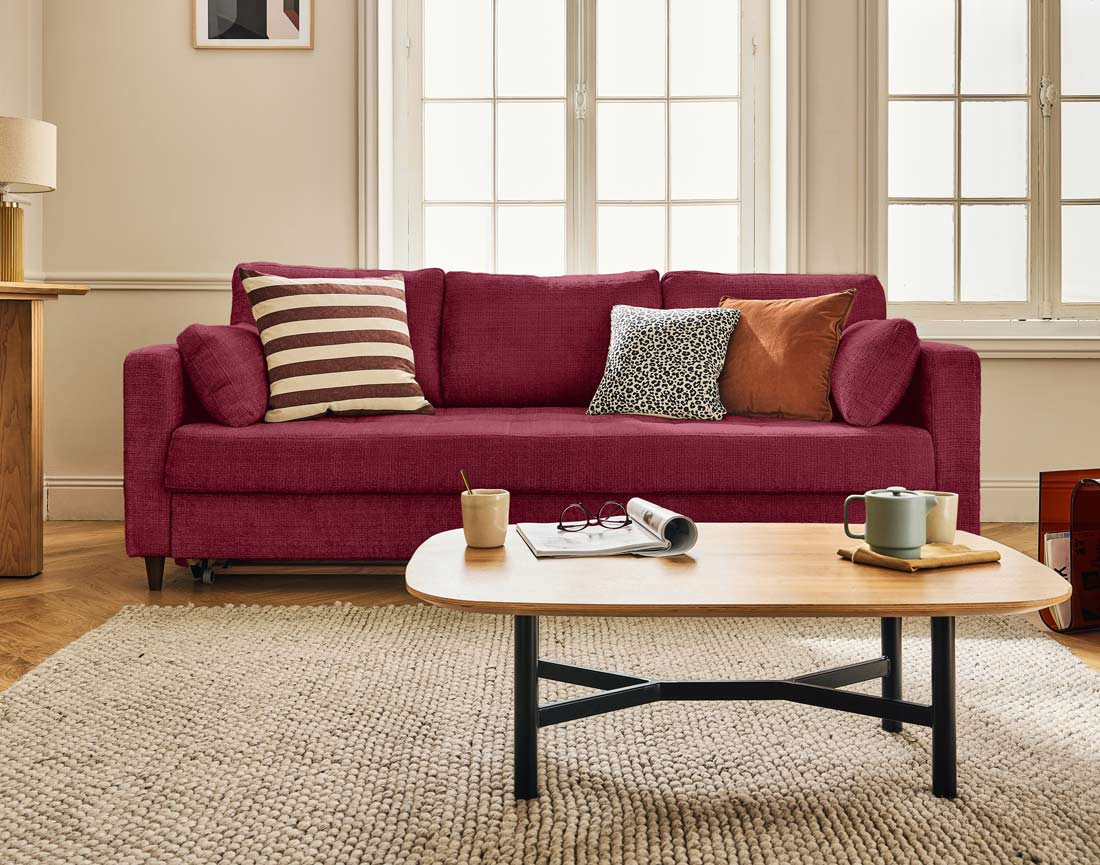 Canapé droit 3 places convertible avec poche en velours texturé Anna