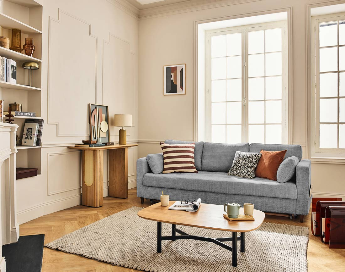 Canapé droit 3 places convertible avec poche en velours texturé Anna