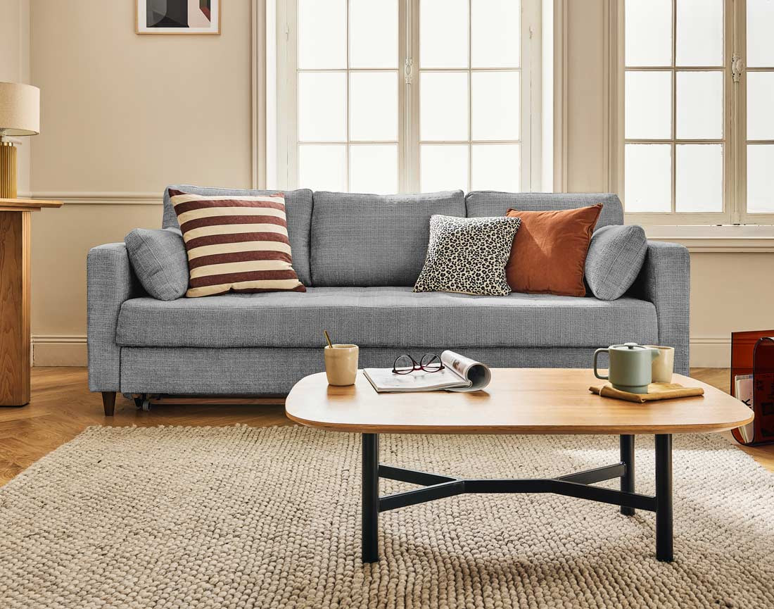 Canapé droit 3 places convertible avec poche en velours texturé Anna