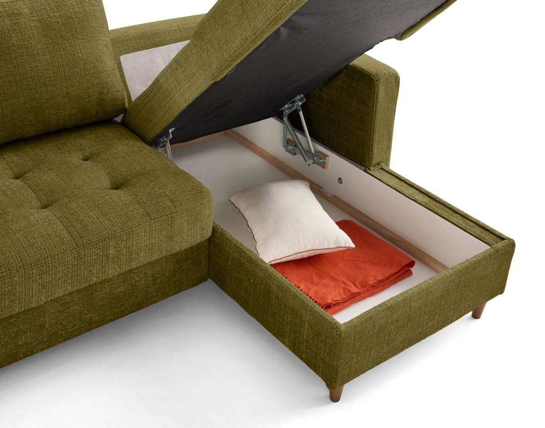 Canapé d'angle droit 4 places convertible avec coffre en velours texturé Anna