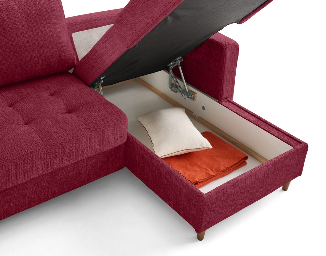 Canapé d'angle droit 4 places convertible avec coffre en velours texturé Anna