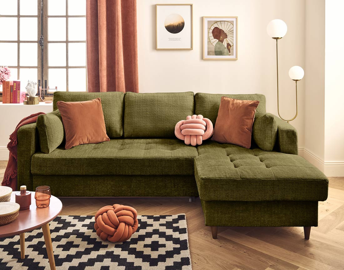 Canapé d'angle droit 4 places convertible avec coffre en velours texturé Anna