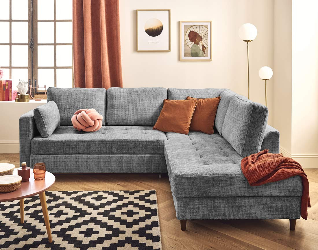 Canapé d'angle droit 5 places convertible en velours texturé Anna