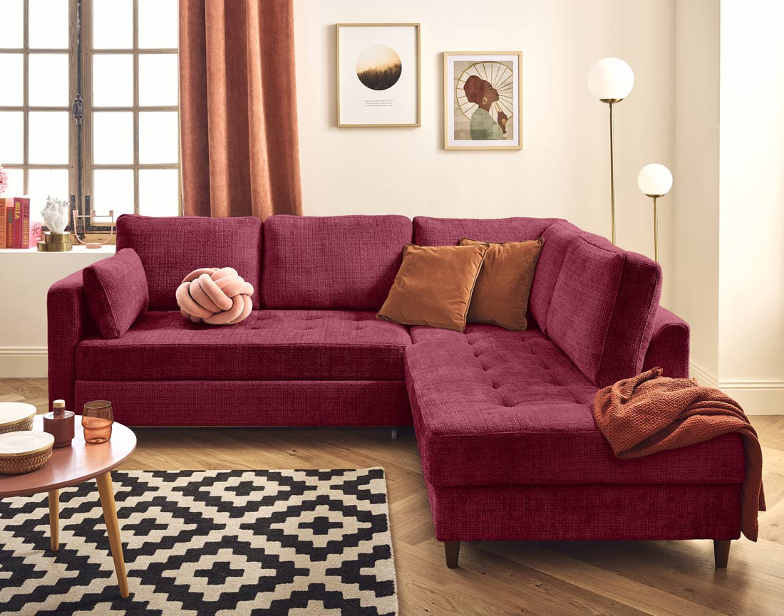 Canapé d'angle droit 5 places convertible en velours texturé Anna