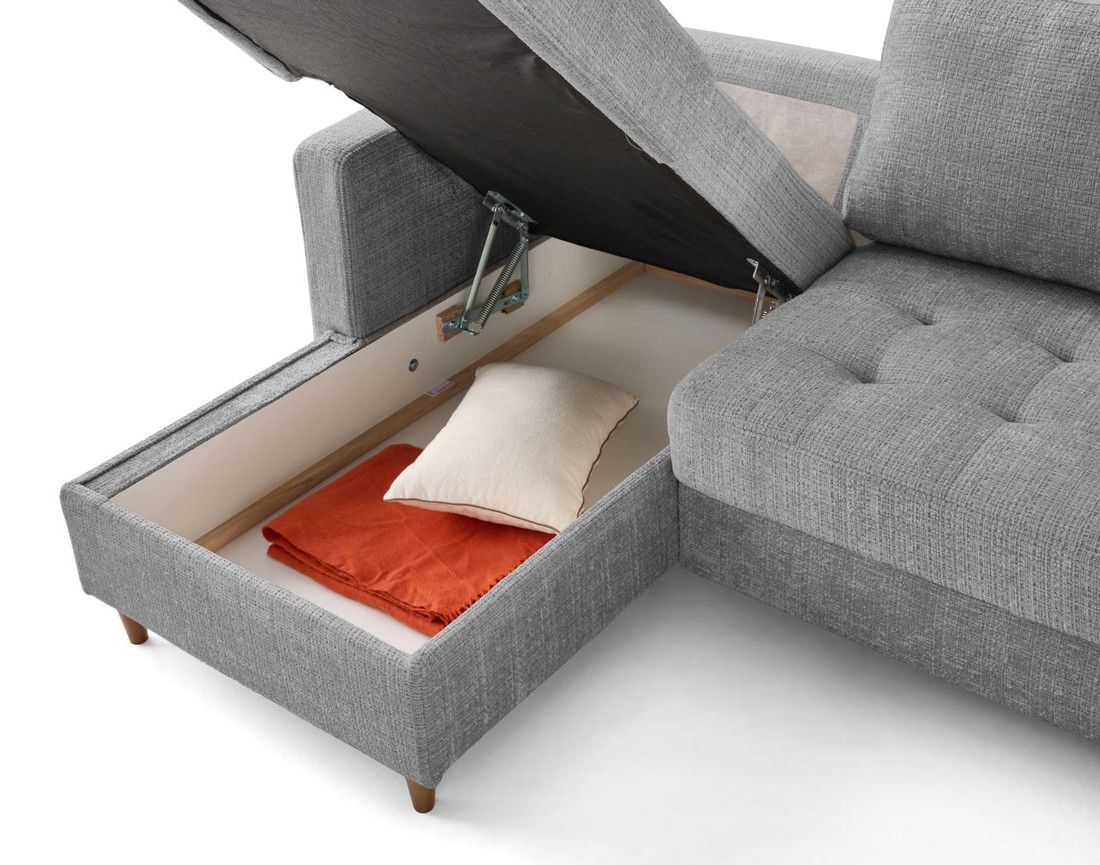 Canapé d'angle gauche 4 places convertible avec coffre en velours texturé Anna
