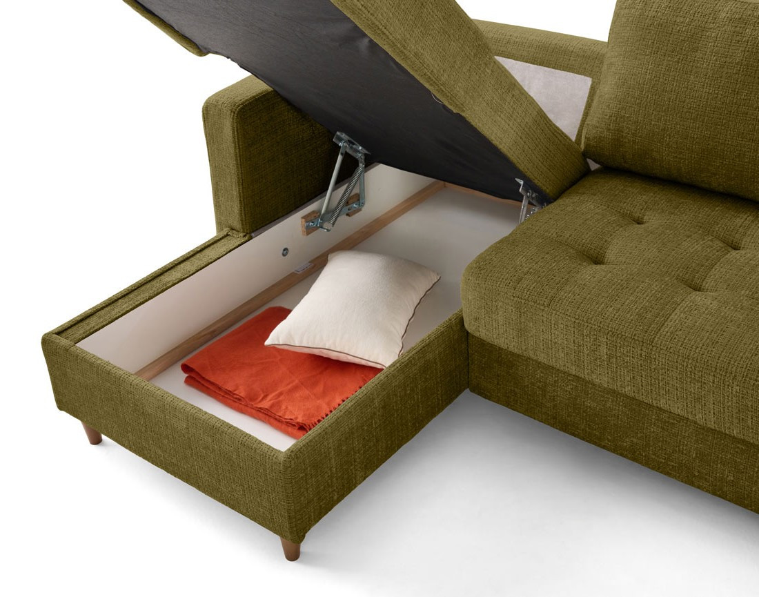 Canapé d'angle gauche 4 places convertible avec coffre en velours texturé Anna