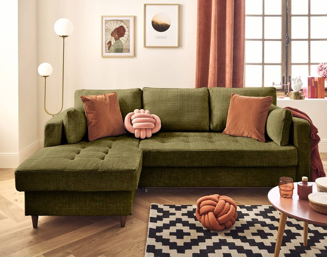 Canapé d'angle gauche 4 places convertible avec coffre en velours texturé Anna