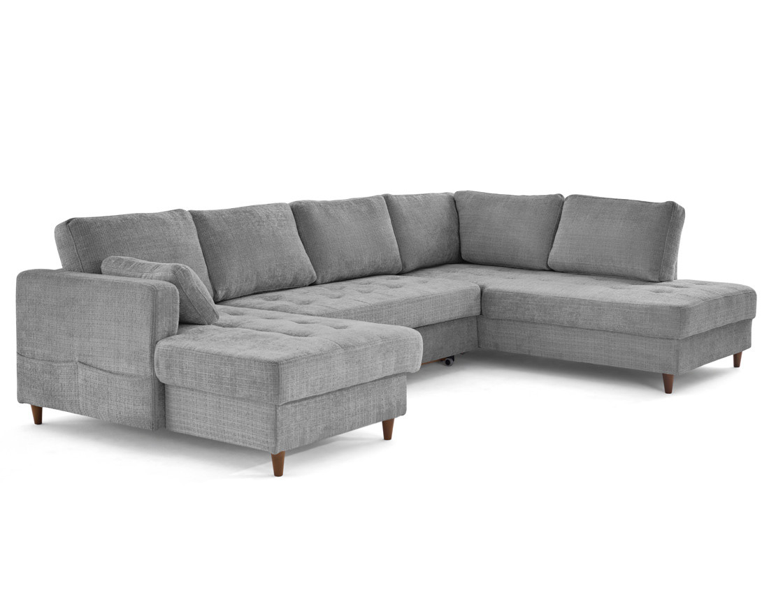 Canapé panoramique d'angle droit 7 places convertible avec coffre en velours texturé Anna