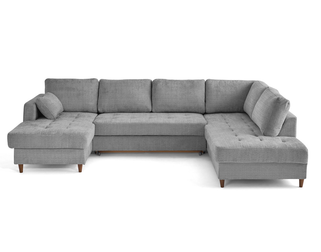 Canapé panoramique d'angle droit 7 places convertible avec coffre en velours texturé Anna