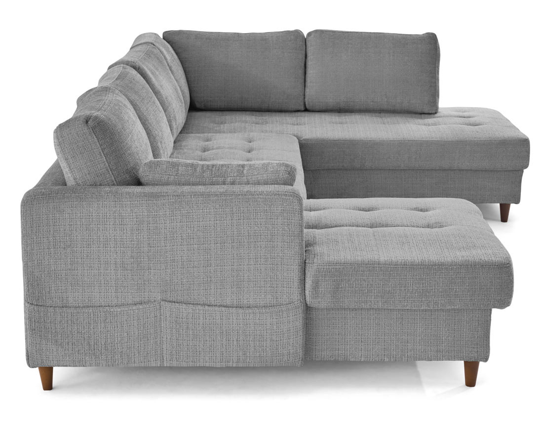 Canapé panoramique d'angle droit 7 places convertible avec coffre en velours texturé Anna