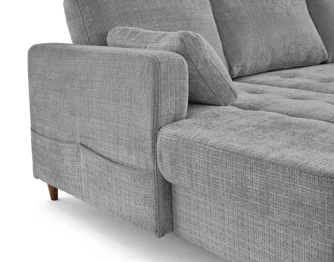 Canapé panoramique d'angle droit 7 places convertible avec coffre en velours texturé Anna