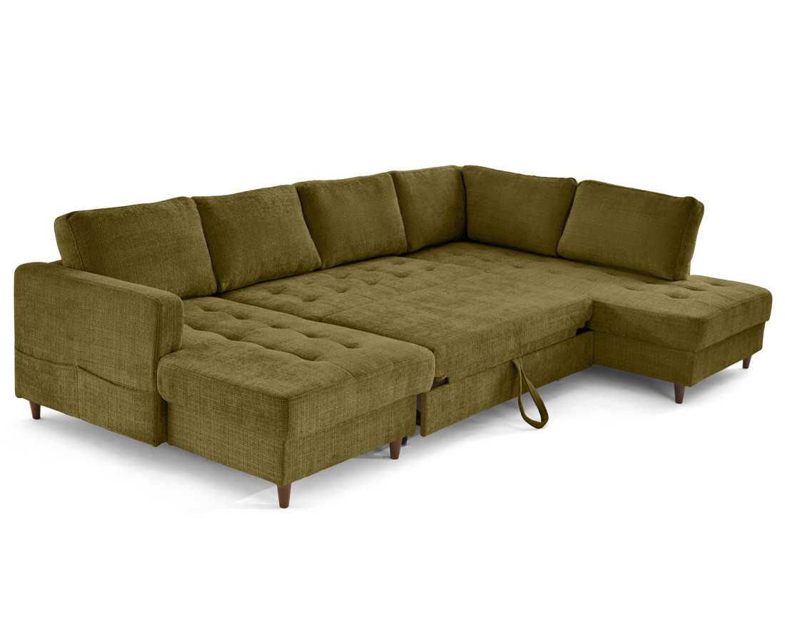 Canapé panoramique d'angle droit 7 places convertible avec coffre en velours texturé Anna