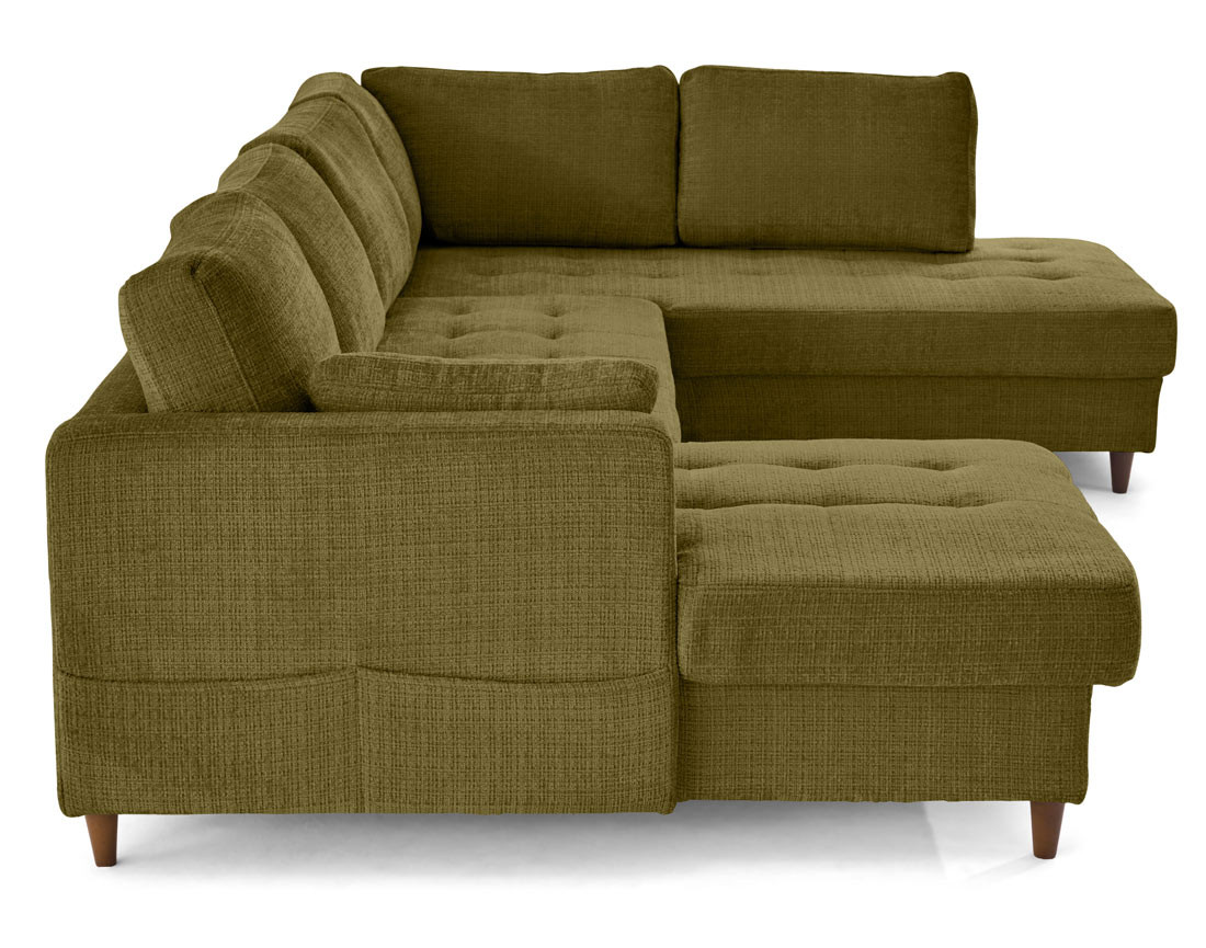 Canapé panoramique d'angle droit 7 places convertible avec coffre en velours texturé Anna