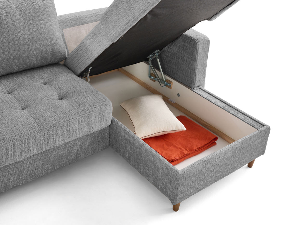 Canapé panoramique d'angle gauche 7 places convertible avec coffre en velours texturé Anna