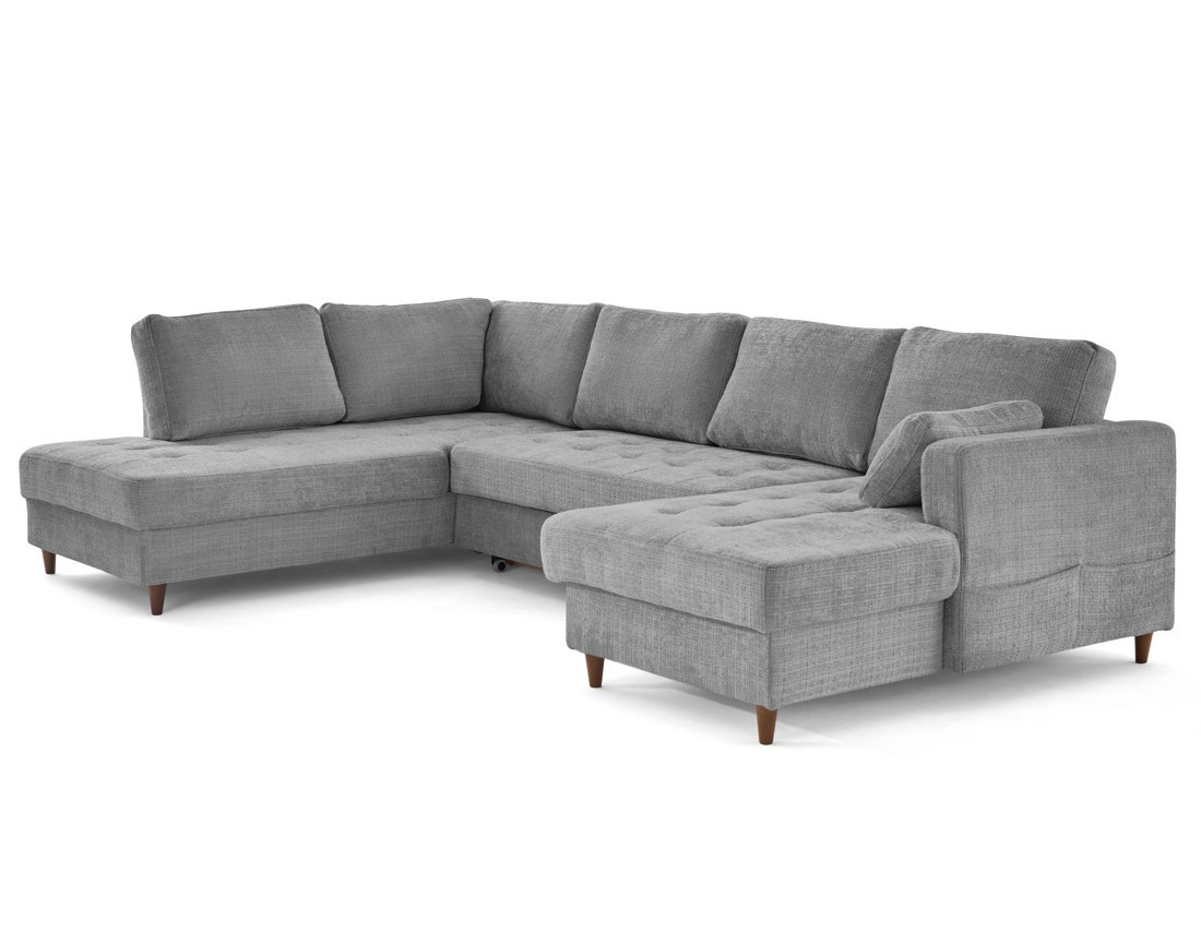 Canapé panoramique d'angle gauche 7 places convertible avec coffre en velours texturé Anna