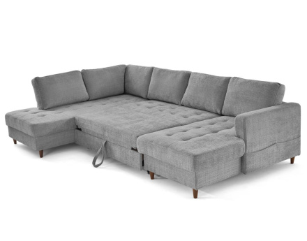Canapé panoramique d'angle gauche 7 places convertible avec coffre en velours texturé Anna