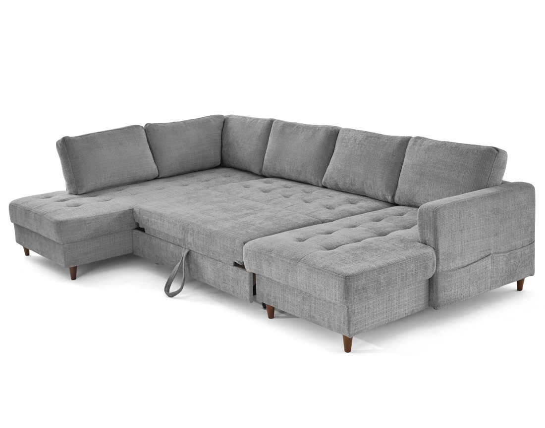 Canapé panoramique d'angle gauche 7 places convertible avec coffre en velours texturé Anna