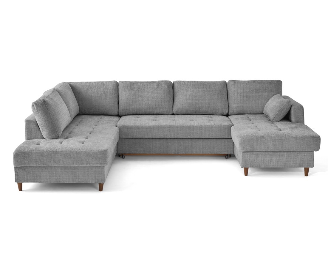 Canapé panoramique d'angle gauche 7 places convertible avec coffre en velours texturé Anna