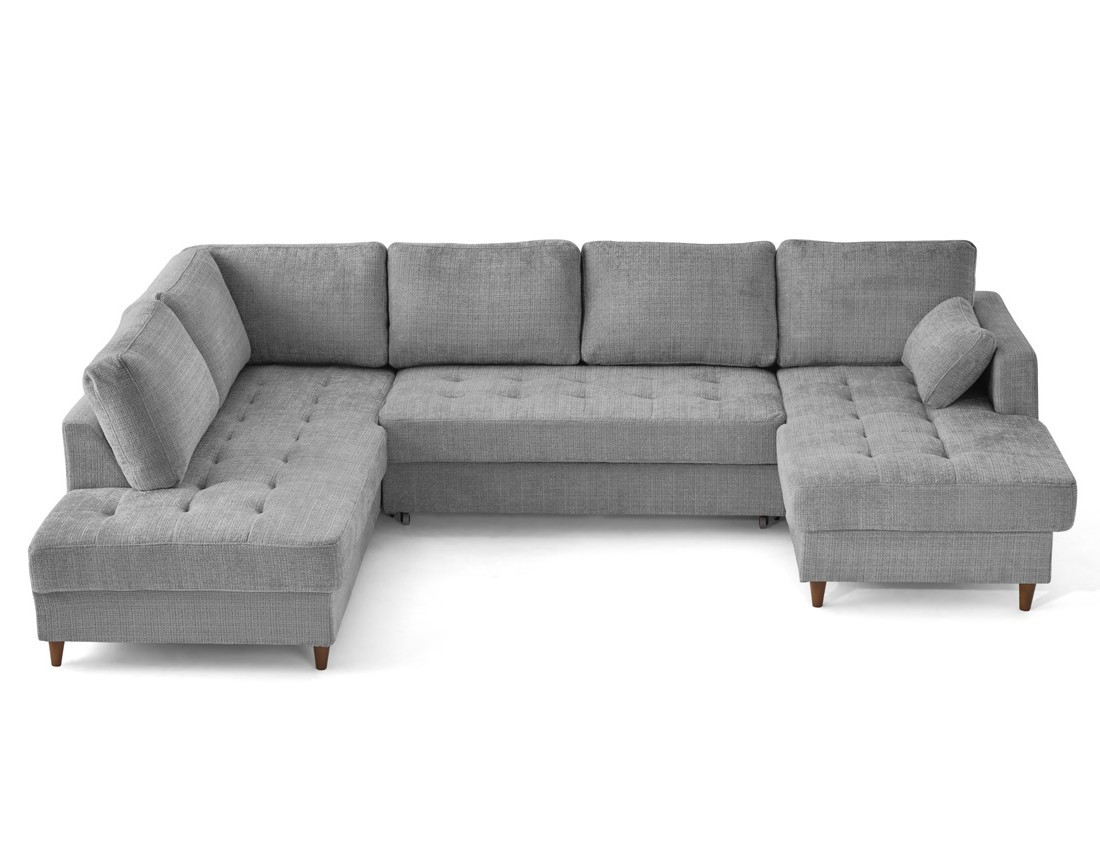 Canapé panoramique d'angle gauche 7 places convertible avec coffre en velours texturé Anna