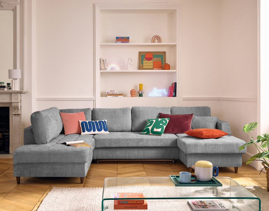 Canapé panoramique d'angle gauche 7 places convertible avec coffre en velours texturé Anna