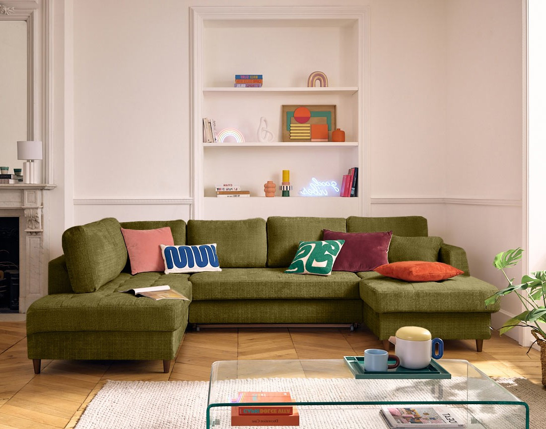 Canapé panoramique d'angle gauche 7 places convertible avec coffre en velours texturé Anna