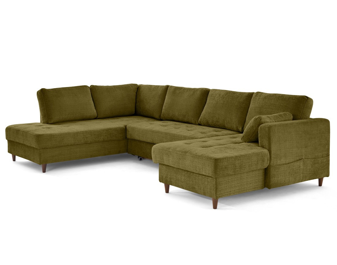 Canapé panoramique d'angle gauche 7 places convertible avec coffre en velours texturé Anna