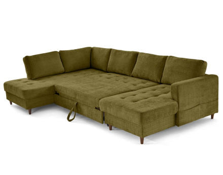 Canapé panoramique d'angle gauche 7 places convertible avec coffre en velours texturé Anna