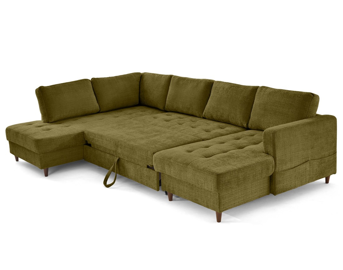 Canapé panoramique d'angle gauche 7 places convertible avec coffre en velours texturé Anna