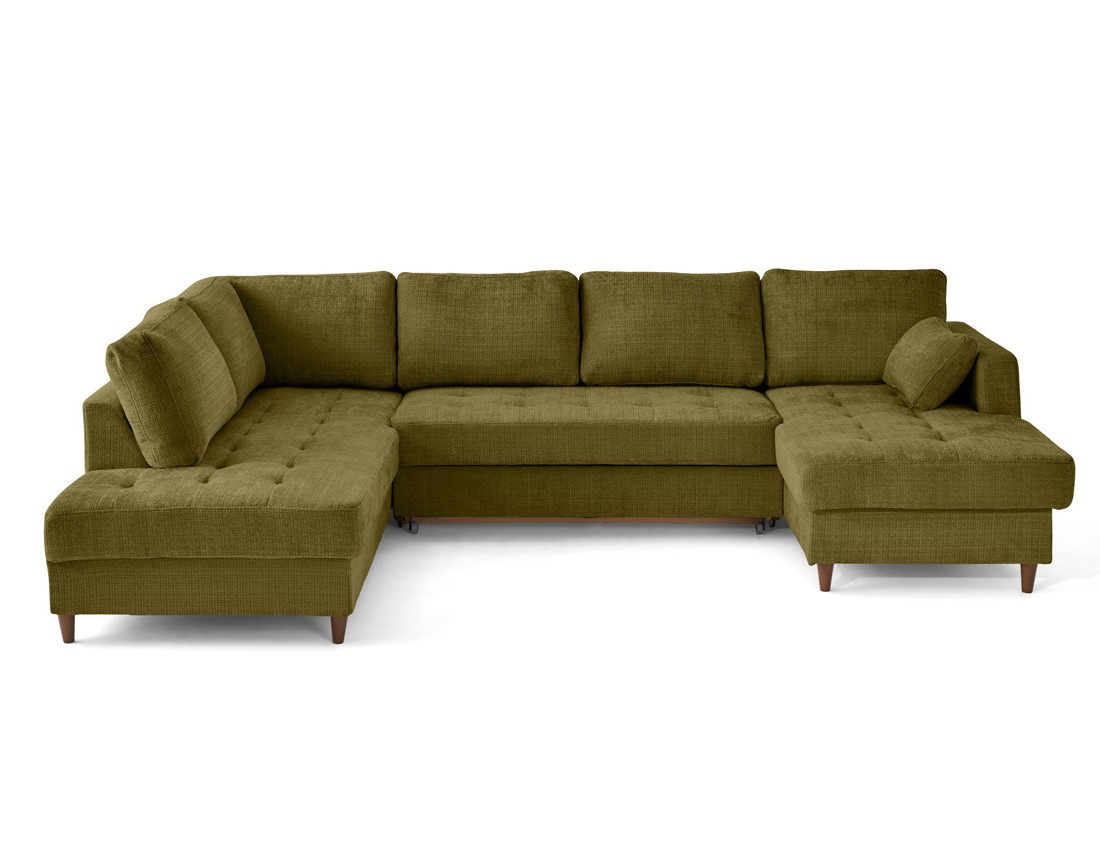 Canapé panoramique d'angle gauche 7 places convertible avec coffre en velours texturé Anna