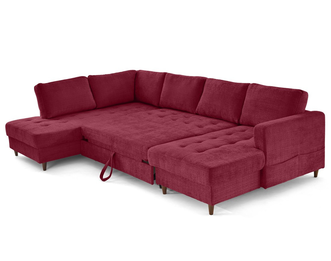 Canapé panoramique d'angle gauche 7 places convertible avec coffre en velours texturé Anna