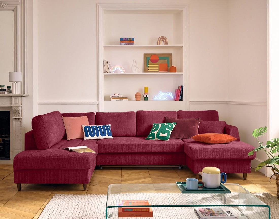 Canapé panoramique d'angle gauche 7 places convertible avec coffre en velours texturé Anna