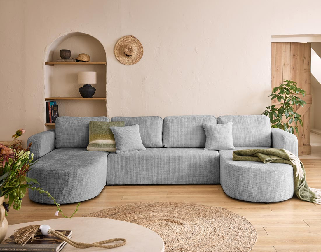 Canapé panoramique convertible avec coffre en velours texturé Miro