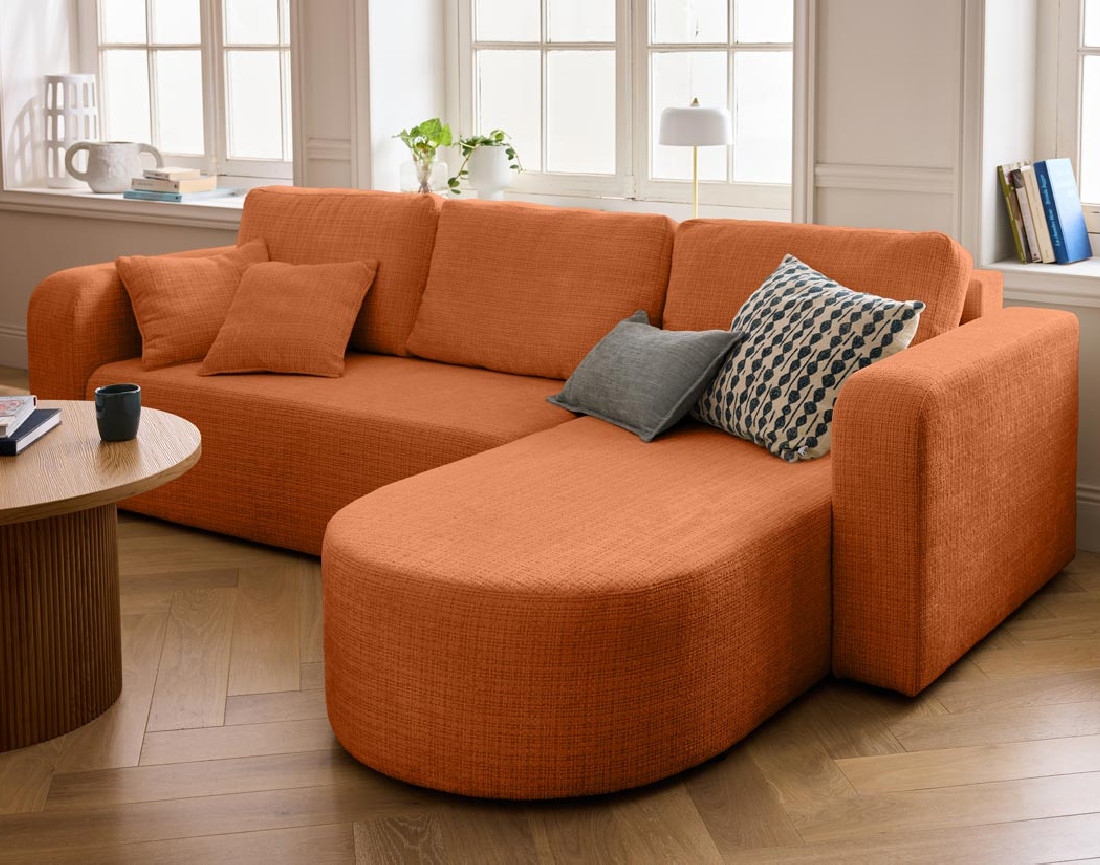 Canapé d'angle réversible 4 places convertible avec coffre en velours texturé Miro
