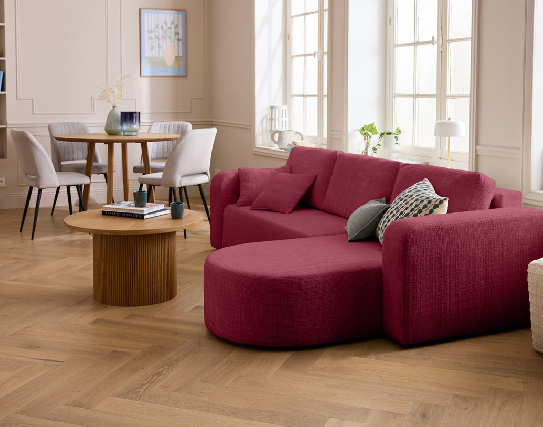 Canapé d'angle réversible 4 places convertible avec coffre en velours texturé Miro