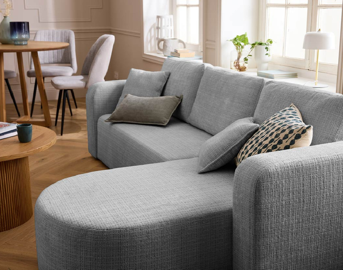 Canapé d'angle réversible 4 places convertible avec coffre en velours texturé Miro