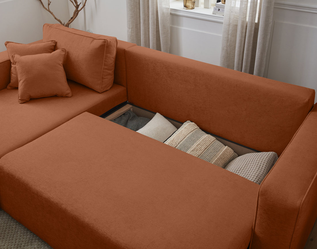 Canapé d'angle réversible 4 places convertible avec coffre en tissu Topaze
