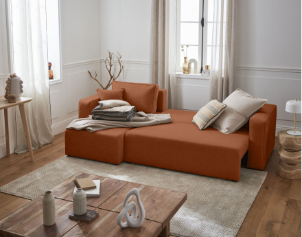 Canapé d'angle réversible 4 places convertible avec coffre en tissu Topaze