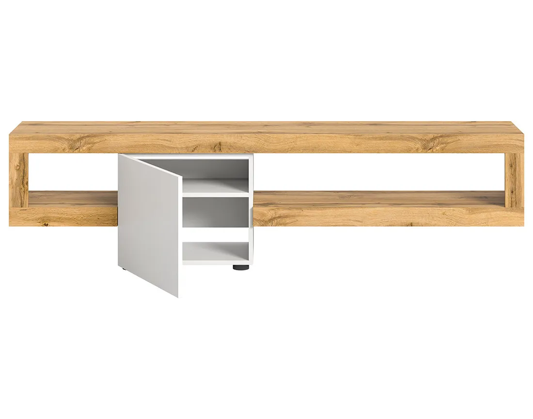 Meuble tv suspendu 1 porte et 1 étagère bois et blanc 190 cm Ned