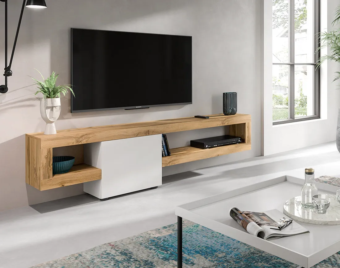 Meuble tv suspendu 1 porte et 1 étagère bois et blanc 190 cm Ned