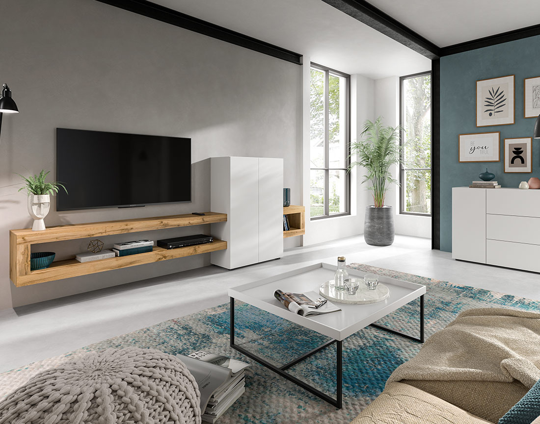 Meuble tv suspendu 2 portes et 2 étagères bois et blanc 270 cm Ned