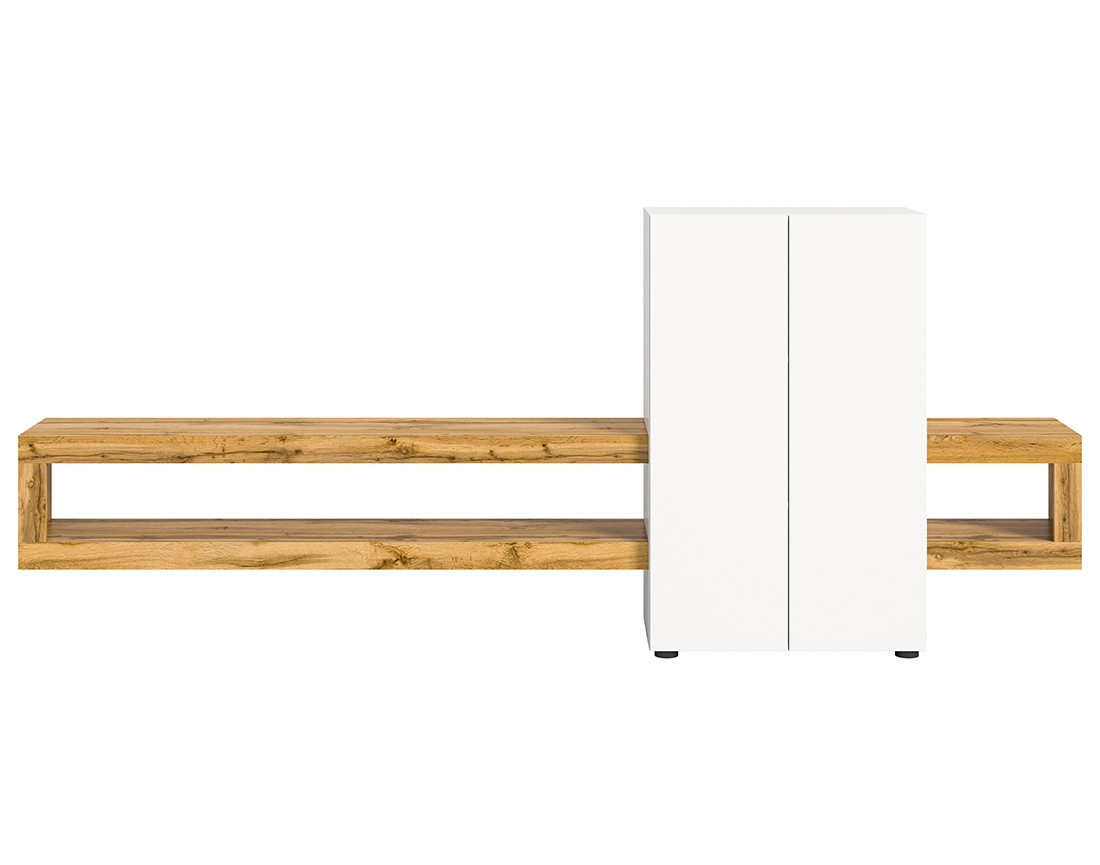 Meuble tv suspendu 2 portes et 2 étagères bois et blanc 270 cm Ned