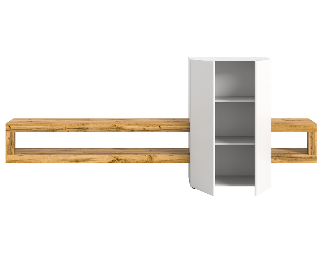 Meuble tv suspendu 2 portes et 2 étagères bois et blanc 270 cm Ned